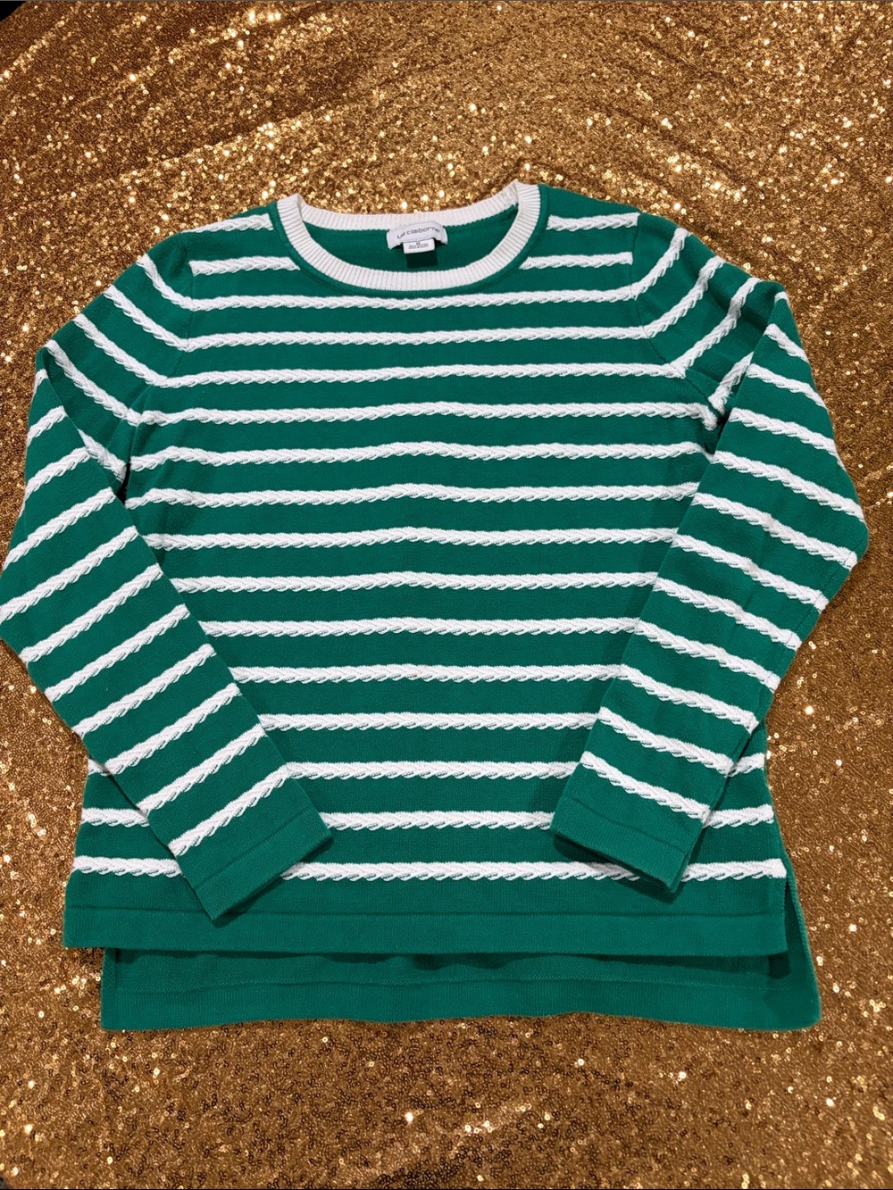 Liz Claiborne Green and White Striped Crewneck Sweater